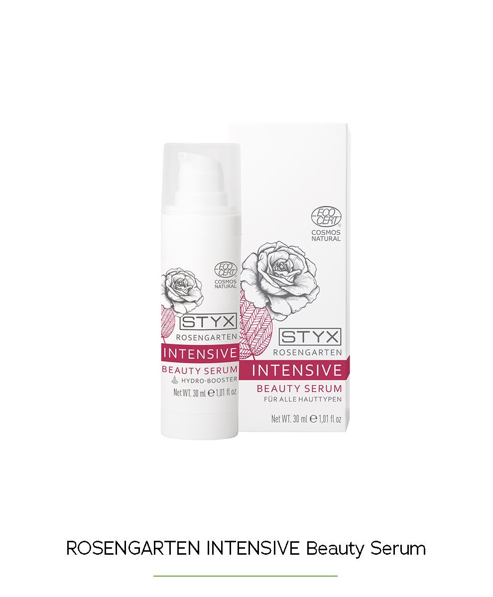 Feuchtigkeitskick und Pflege in einem: Das ROSENGARTEN INTENSIVE Beauty Serum ist ein natürlicher Hydro-Booster, besonders für trockene und anspruchsvolle Haut.